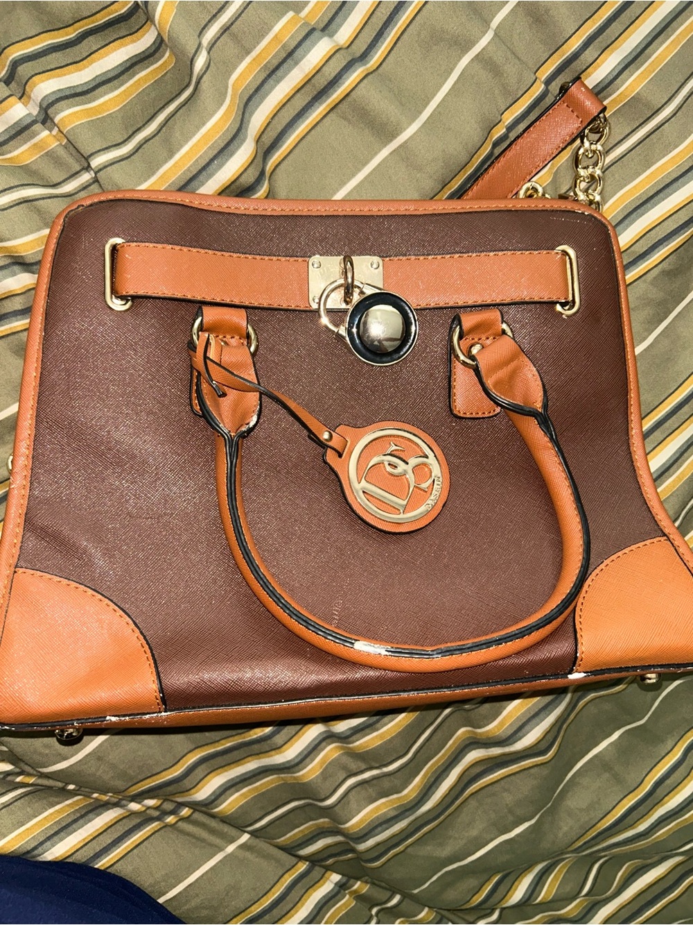 Structured Brown and Tan Shoulder Satchel with Charm Accent